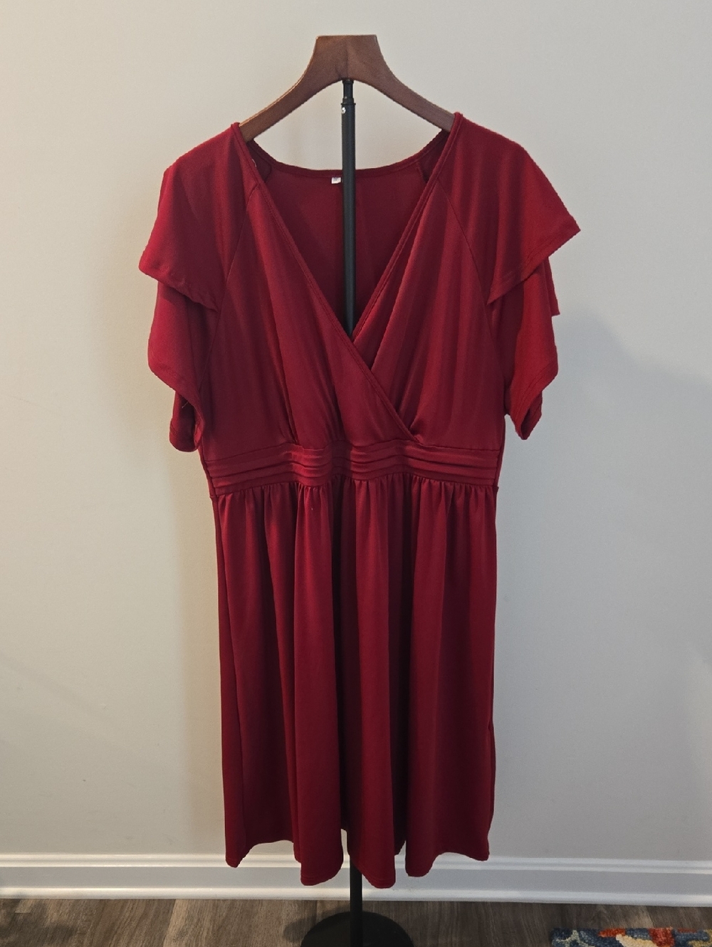 Flutter-Sleeve Red Midi Dress with Surplice Neck